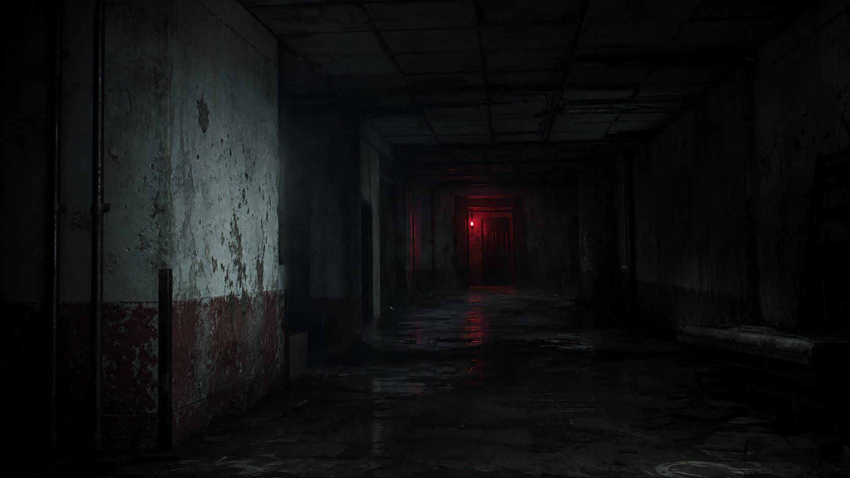 Abandoned corridor with a red emergency light