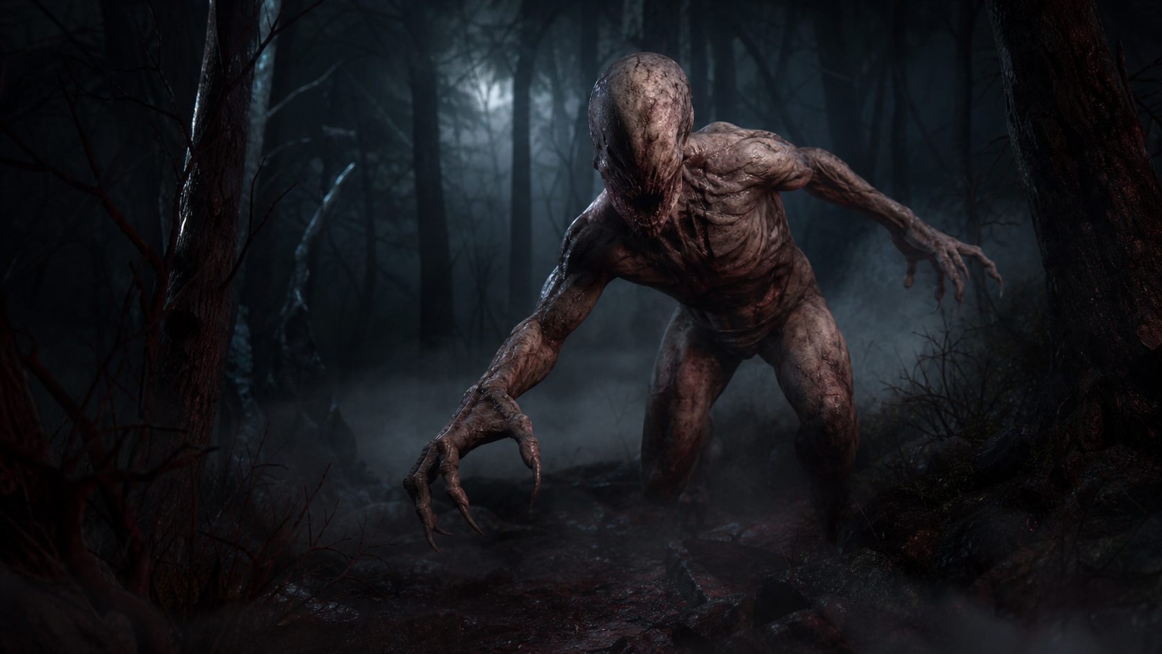 A pale humanoid creature in a foggy forest